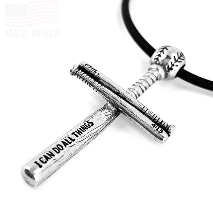 Baseball Bat And Ball Cross Necklace Silver on Black Cord