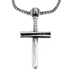 Baseball Bat And Ball Cross On Curb Chain Necklace Antique Pewter