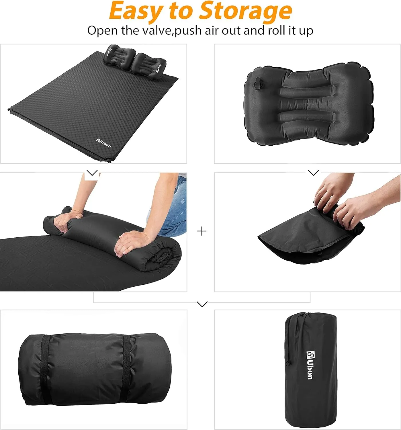 Double Self-Inflating Sleeping Mat Inflatable Mattress with Pillows Comfortable Asleep Pad for 2 People 1.5" Sponge Filling Ergonomic Pillow Portable Lightweight Camping Bed - Black