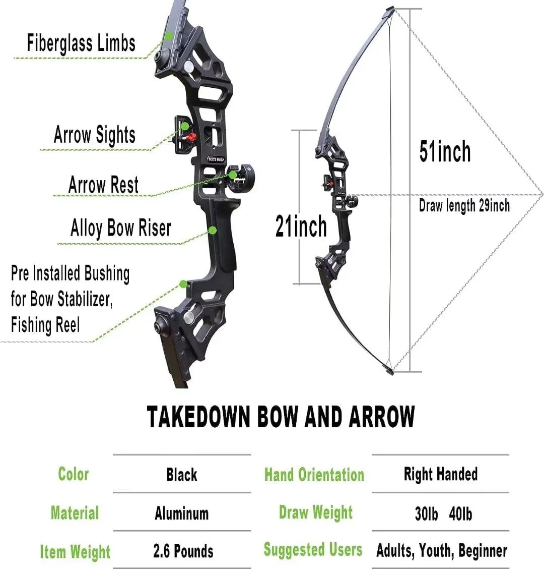 IS-TONGTU Archery Bow and Arrow for Adults, Takedown Aluminum Alloy Riser Archery Set Adult Beginner, 30 40 lbs Right Hand Hunting Recurve Kit (40 lbs)