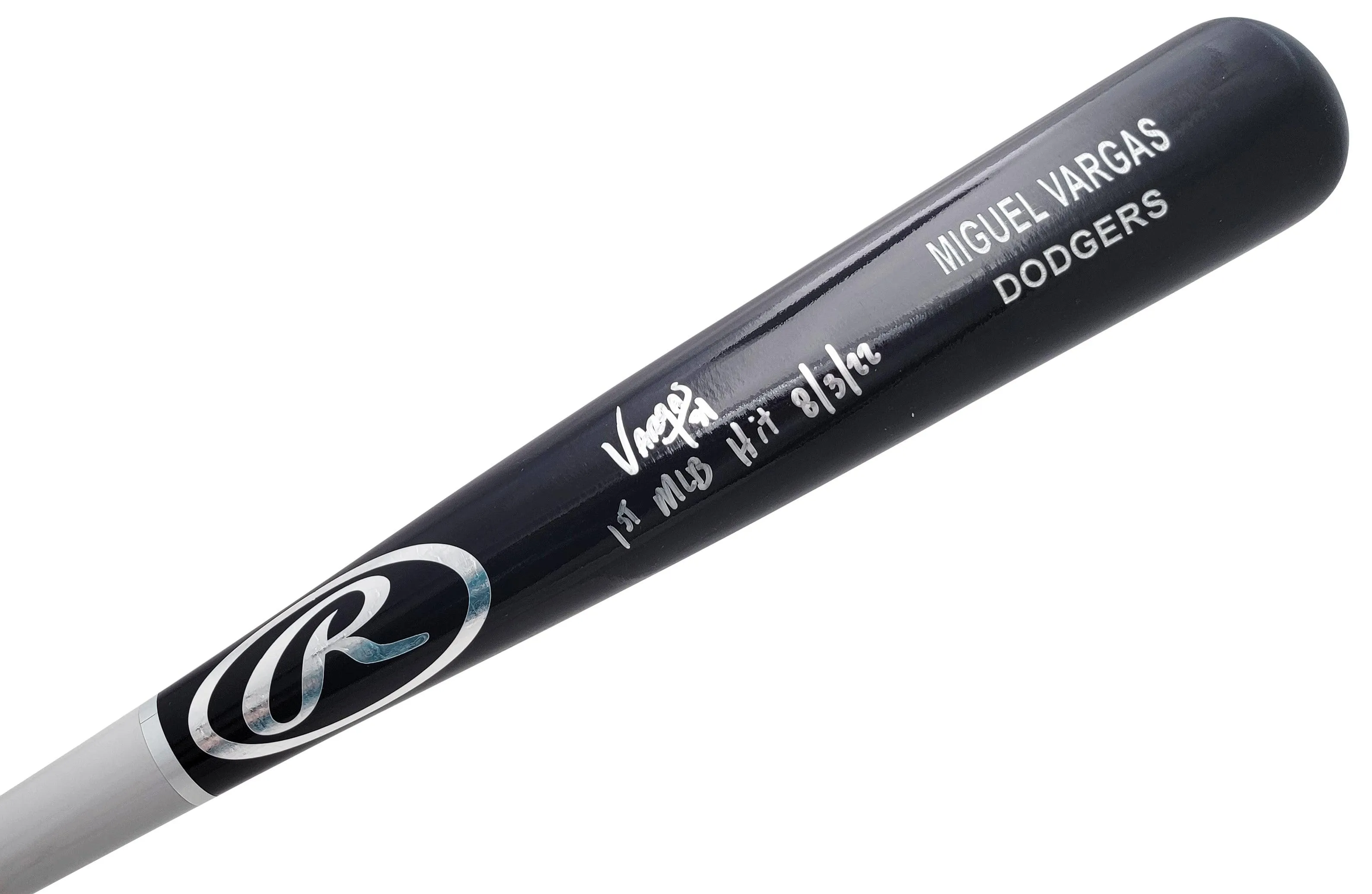 Miguel Vargas Autographed Black Rawlings Game Model Bat Los Angeles Dodgers "1st MLB Hit" Beckett BAS Witness Stock #209051