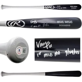 Miguel Vargas Autographed Black Rawlings Game Model Bat Los Angeles Dodgers "1st MLB HR" Beckett BAS Witness Stock #209052