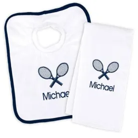 Personalized Basic Bib & Burp Cloth Set with Tennis Rackets