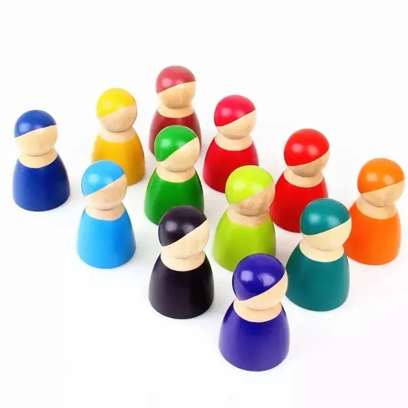 Wooden Rainbow Peg Dolls 12 pc Set Open Ended Play