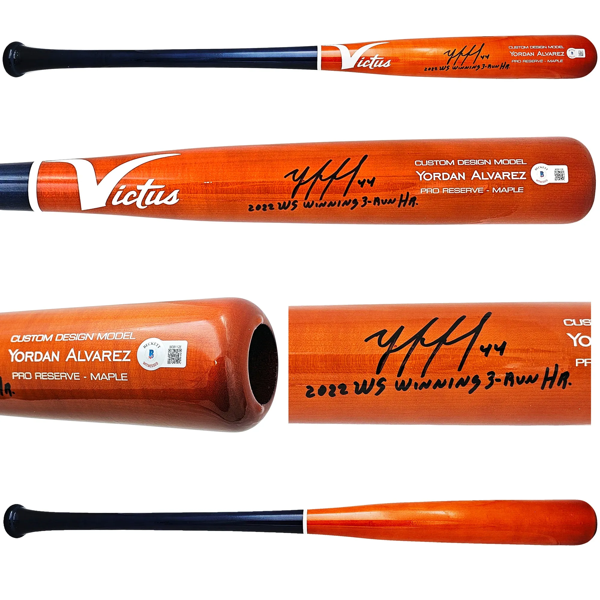 Yordan Alvarez Autographed Orange & Blue Victus Player Model Bat Houston Astros "2022 WS Winning 3-Run HR" Beckett BAS Witness Stock #215388